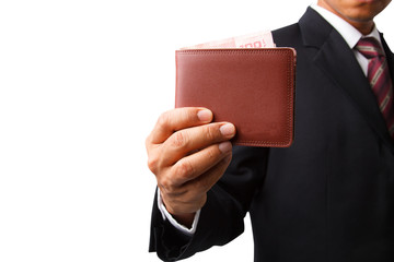 business man giving money with new wallet