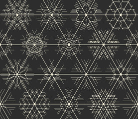 Seamless vector thin line geometric pattern of snowflakes with points at the intersections. Hipster style, white lines on a black background.