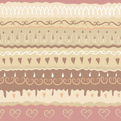 Vector festive hand drawn seamless pattern. Subject of Birthday or Wedding cake, Valentine's Day, biscuit. Coffee colors.