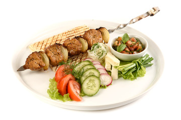 Pork grill and vegetable isolated on white background, barbecue .