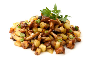 Fried mushrooms with potatoes and herbs on white background