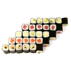 Japanese food restaurant delivery - sushi maki roll platter big set isolated at white background, above view.