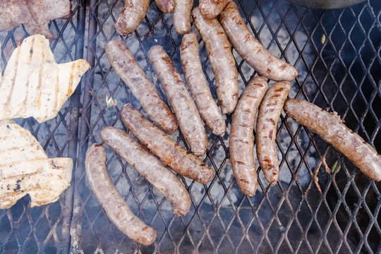 Boerewors / sausage on a braai / barbecue a traditional south african food dish