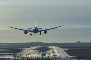 Fototapeta na wymiar Airplane landing to airport runway in sunset