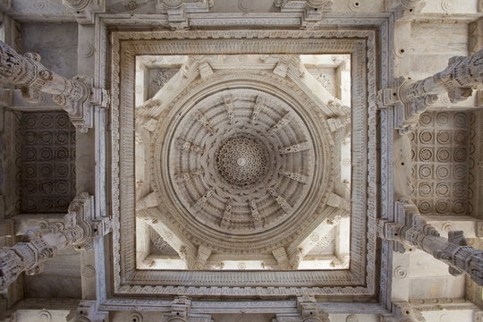 Dome of central hall ceiling detail at The Ranakpur Jain Temple at Desuri Tehsil in Pali District of Rajasthan, Western India