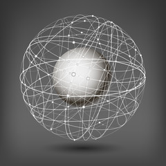 Vector illustration on the theme of physics; atomic nucleus; energy. White ball inside the structure of curve intersecting lines in the form of spheres on a dark background.