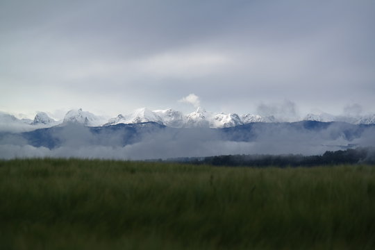 stimmungsvoller blick auf die alpen, mystischer nebel und wolken, im vordergrund halreifes gerstenfeld