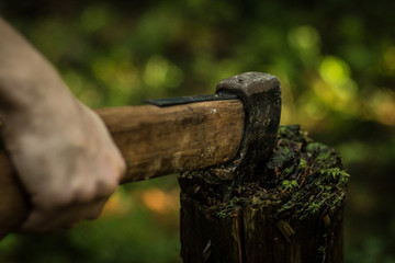 an ax stuck in a stump