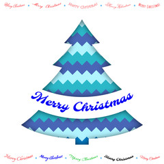 Merry Christmas paper blue greeting card, with cut in christmas tree form, color zigzag wave background, handwritten inscription. Vector