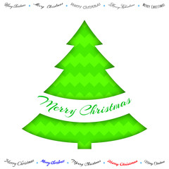 Merry Christmas paper green greeting card, with cut in christmas tree form, color zigzag wave background, handwritten inscription. Vector