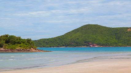 Tropical sea beach with green mountain landscape, Thailand