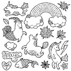 Black and white fashion patch badge elements in cartoon 80s-90s comic style. Set modern trend doodle sketch.