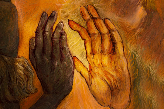 two hands from two different worlds comming together in love promise, painting
