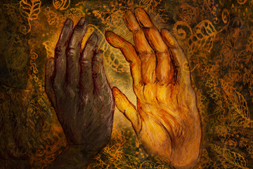 two hands from two different worlds comming together in love promise, painting