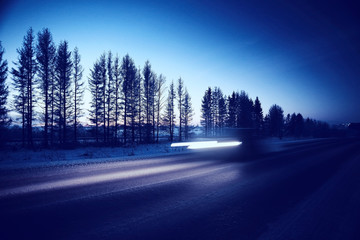 Night traffic in winter city