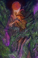 magical piper playing his tune in wing of giant bird, illustration detail