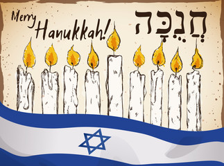 Hand Drawn Candles and Israel Flag for Hanukkah Celebration, Vector Illustration