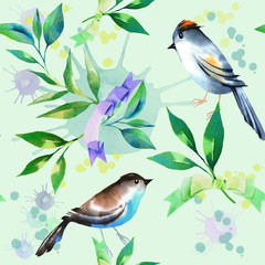 seamless pattern with tea leaves and birds in watercolor style. Hand painting elements. abstract blots background 