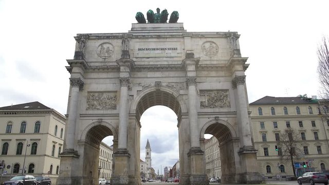 Triumphal arch crowned with statue of Bavaria and lions in Munich, Germany