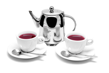 teapot and two cups of tea on a saucer