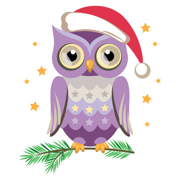 Сute owl in Santa hat. Vector illustration