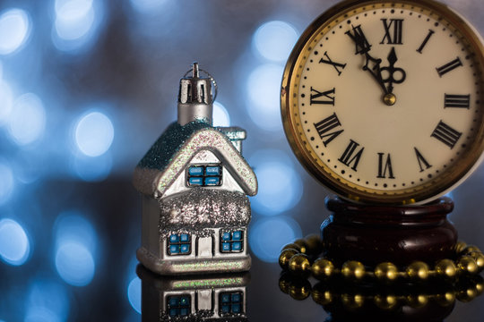 Abstract Christmas background with holiday lights and copy space - magic bokeh glitter blinking stars falling snowflakes