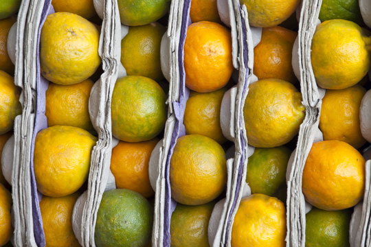 Fresh oranges on sale at market stall in Varanasi, Benares
