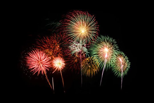 Colorful Fireworks isolated on black background, New Year celebration fireworks.