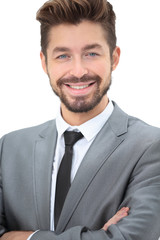 Close up portrait of a smiling handsome business man  over white