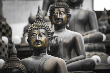 Row of Buddha statues at Ganagarama temple, Colombo, Sri Lanka.