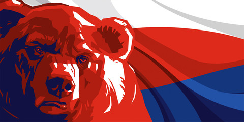 Angry bear against and Russian flag - 130421797