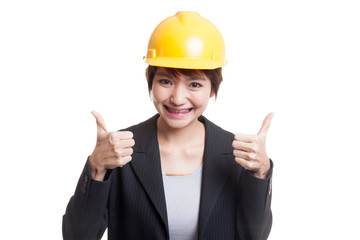 Asian engineer woman thumbs up with both hands.