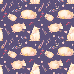 Watercolor lambs seamless pattern. Hand drawn cartoon wallpaper design with young sheeps, stars and decorative plants on dark background. Cute repeating texture in baby style