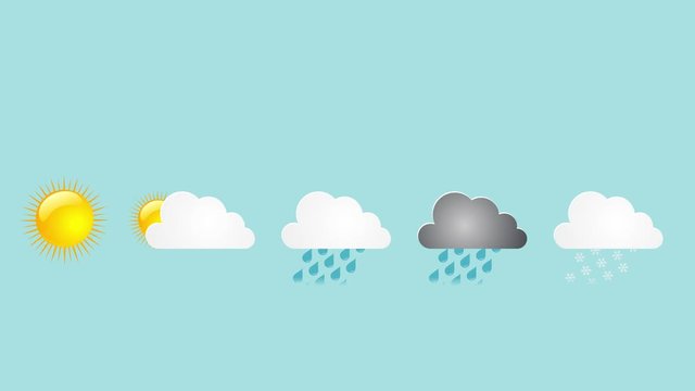 weather forecast computer animated icons of sun, cloud, rain, thunderstorm, snowfall
