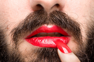 Bearded Man with Red Lipstick on His Lips and Nail Polish