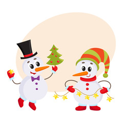 two snowmen holding a Christmas tree and an electric garland with lights, cartoon vector illustration with background for text. Funny snowman in hat, holiday season decoration element