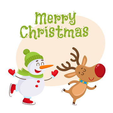 Merry Christmas greeting card template with funny reindeer and snowman skating, cartoon vector illustration isolated on white background. Christmas poster, banner, postcard, greeting card design