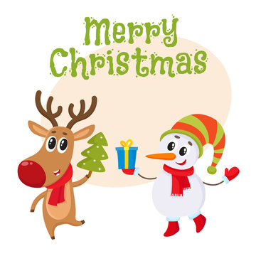 Merry Christmas greeting card template with funny reindeer holding a Christmas tree and a snowman holding a gift box, cartoon vector. Christmas poster, banner, postcard, greeting card design