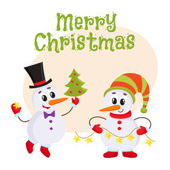 Merry Christmas greeting card template with two snowmen holding a Christmas tree and an electric garland with lights, cartoon vector. Christmas poster, banner, postcard, greeting card design