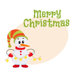 Merry Christmas greeting card template with Cute and funny little snowman holding a garland, cartoon vector illustration isolated. Christmas poster, banner, postcard, greeting card design