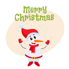 Merry Christmas greeting card template with little snowman in hat and mittens, cartoon vector illustration. Poster, banner, postcard, greeting card design with snowman, Christmas decoration element