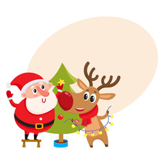 Funny Santa Claus and reindeer decorating Christmas tree with balls and stars, cartoon vector illustration with background for text. Santa Claus an deer hanging balls on Christmas tree