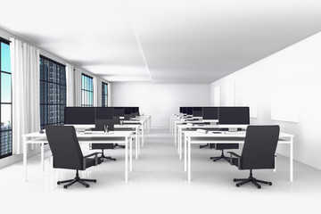 3D Rendering : illustration of modern interior white office of Creative designer desktop with PC computer.computer labs.working place of graphic design,city view. Mock up
