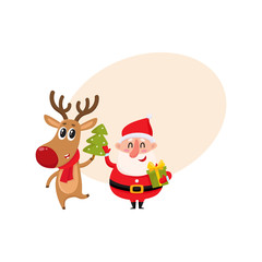 Jolly Santa and smiling reindeer stands with a Christmas tree and gift box, cartoon vector illustration with background for text. Santa Claus and deer, Christmas attributes, holiday elements