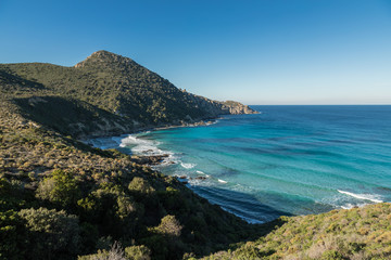 Turquoise sea on coast of Desert des Agriates in Corsica