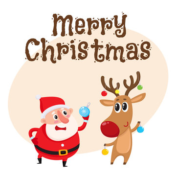 Merry Christmas greeting card template with funny Santa and funny reindeer holding Christmas balls, cartoon vector illustration isolated. Christmas poster, banner, postcard, greeting card design