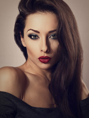 seductive make up sexy woman with red lipstick and long eyelashe