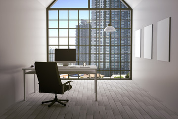 3D Rendering : illustration of modern interior white office of Creative designer desktop with PC computer,lamp hanging with window and city view.Mock up.minimalism style