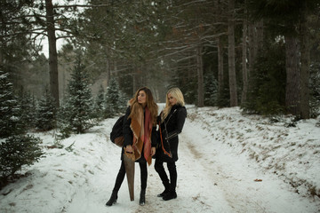 Girls with saws about to cut down a Christmas tree