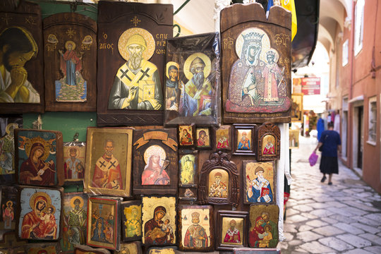 Greek Orthodox religious icons in souvenir and gift shop in Kerkyra, Corfu Town, Corfu, Greek Islands, Greece